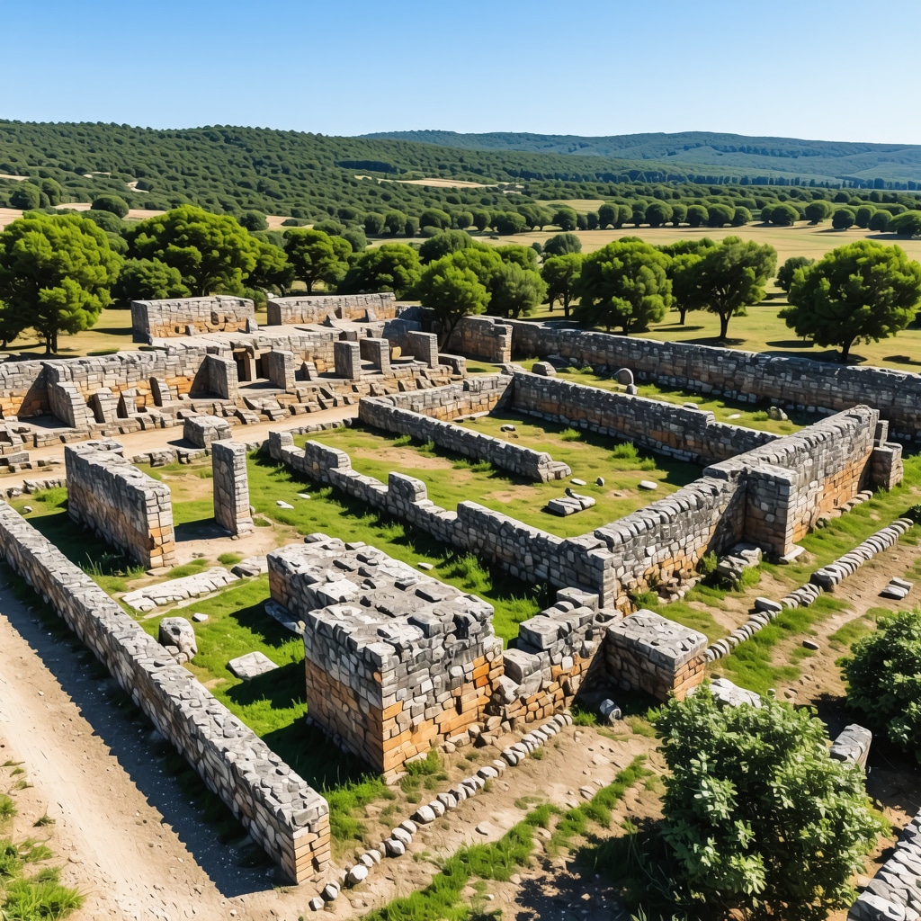 Aerial photo of Apollonia ruins surrounded by greenery with digital technology overlays