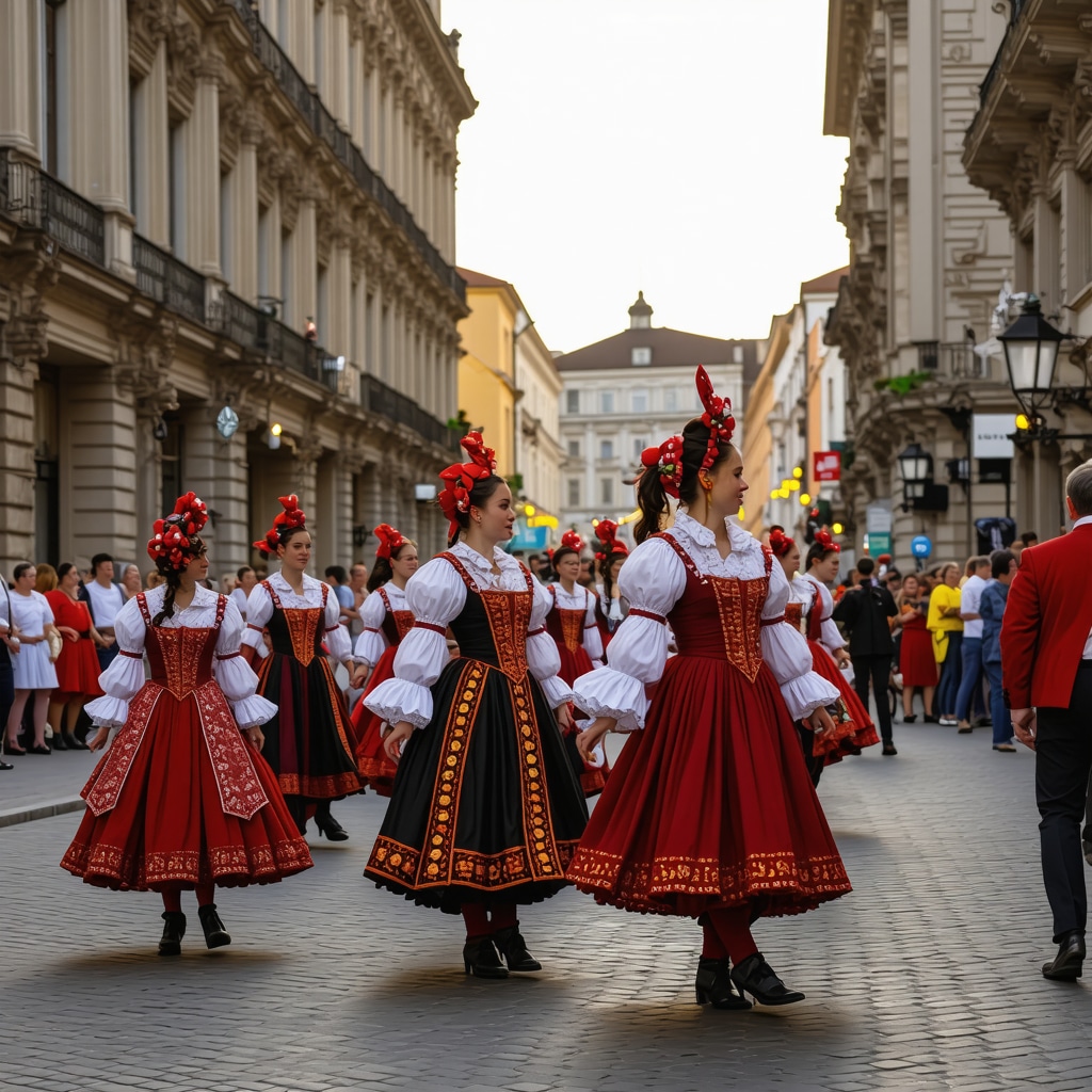 Street in Arad with Baroque and Art Nouveau buildings, local festival with traditional dancers and festive lights at dusk