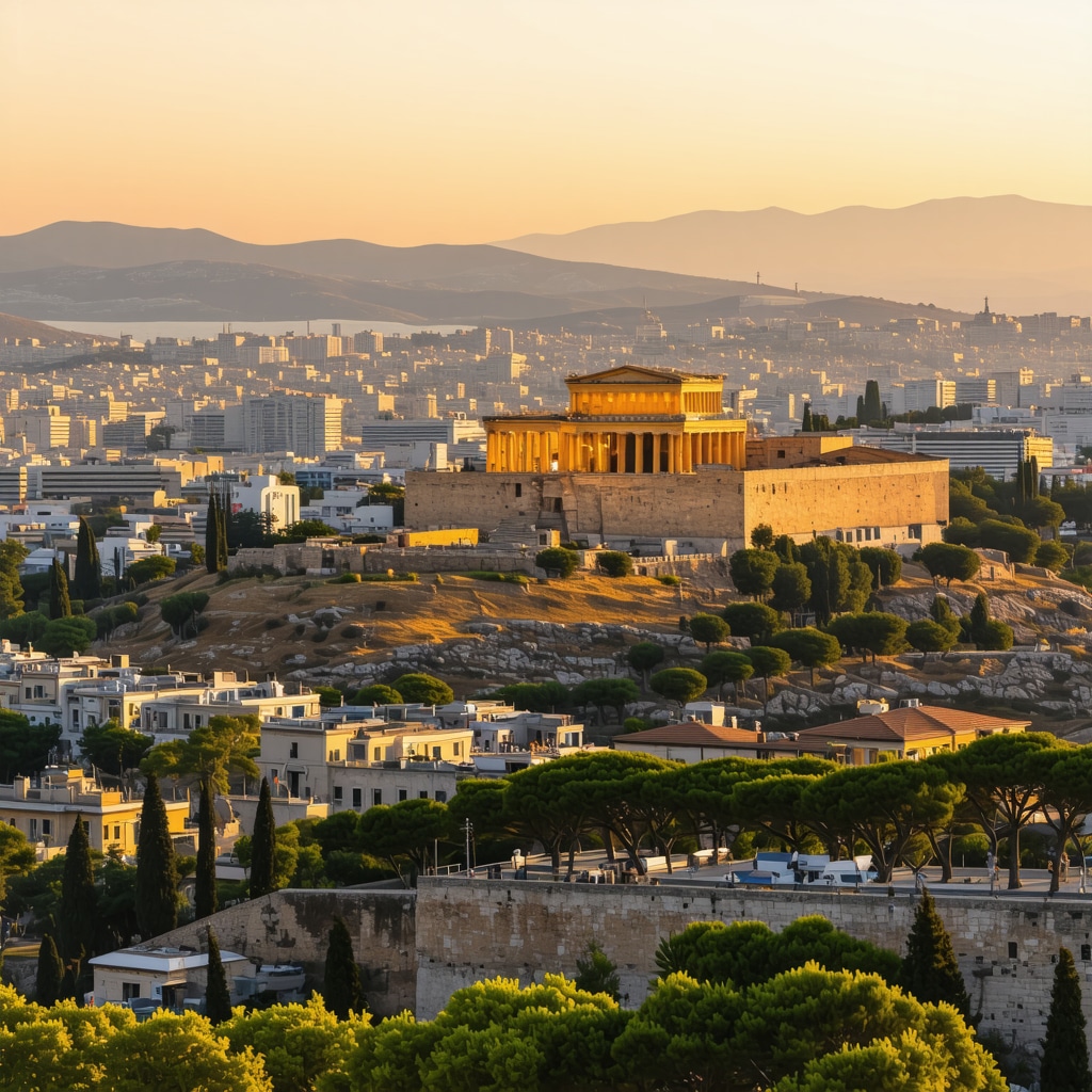 Panoramic view of Athens city blending modern buildings with the ancient Acropolis under sunset
