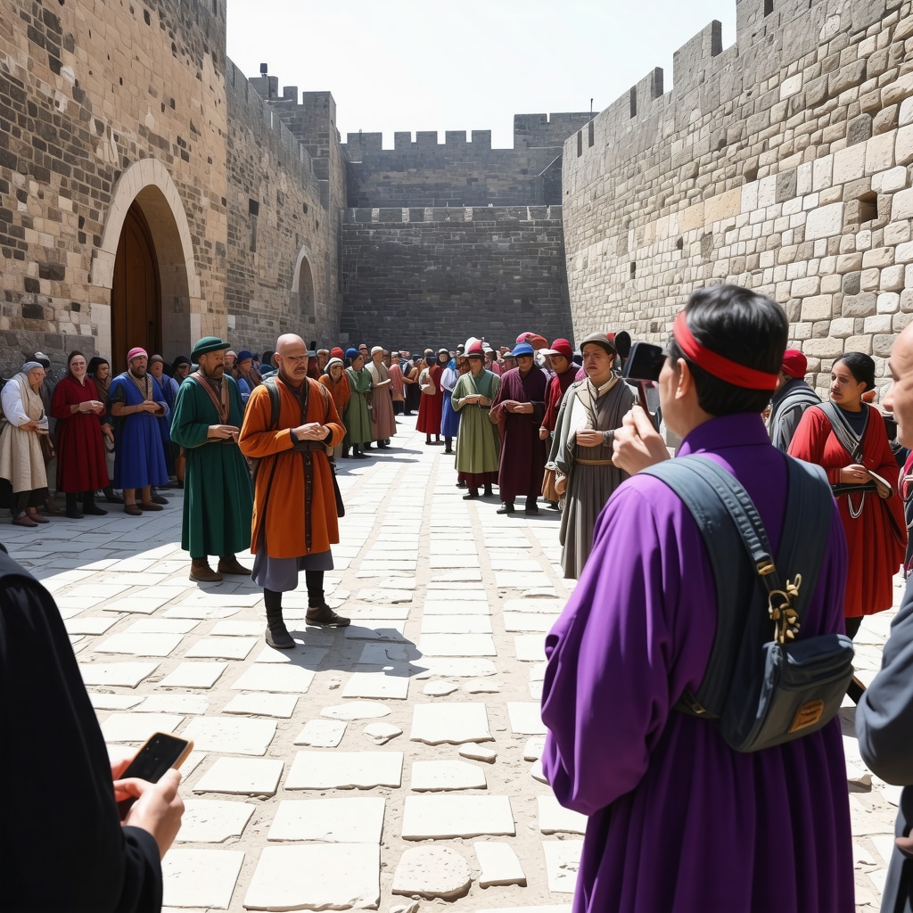 Tourists using augmented reality devices inside Ulqini's medieval fortress with locals in traditional dress