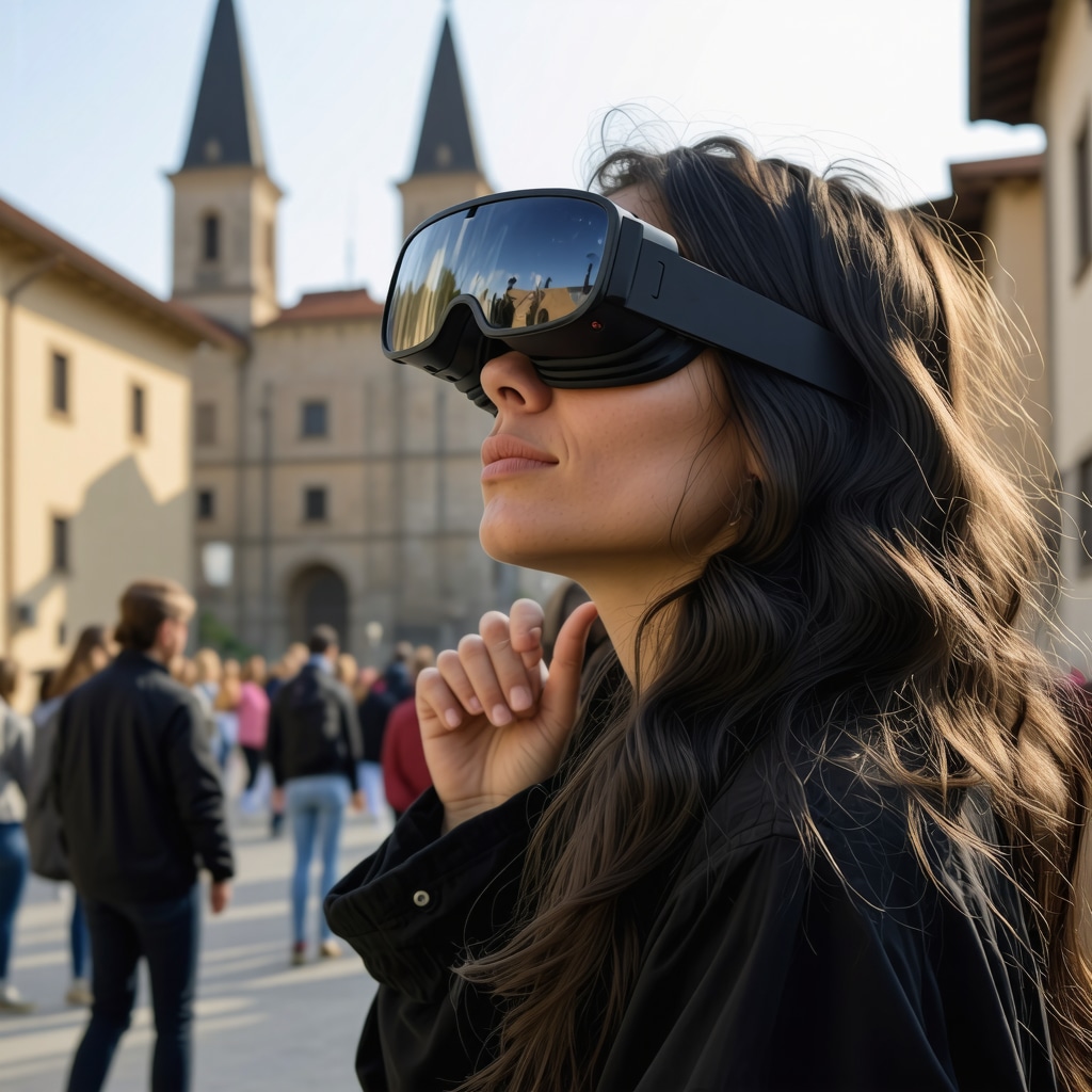 Visitors using augmented reality glasses interacting with digital overlays of historical monuments during Gjakova cultural festival