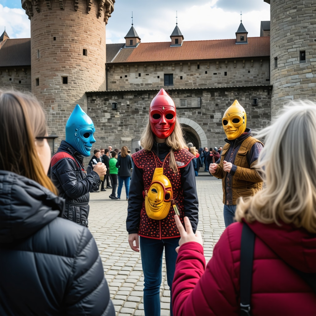 Tourists using augmented reality devices at Ptuj Castle with traditional Kurentovanje masks visible