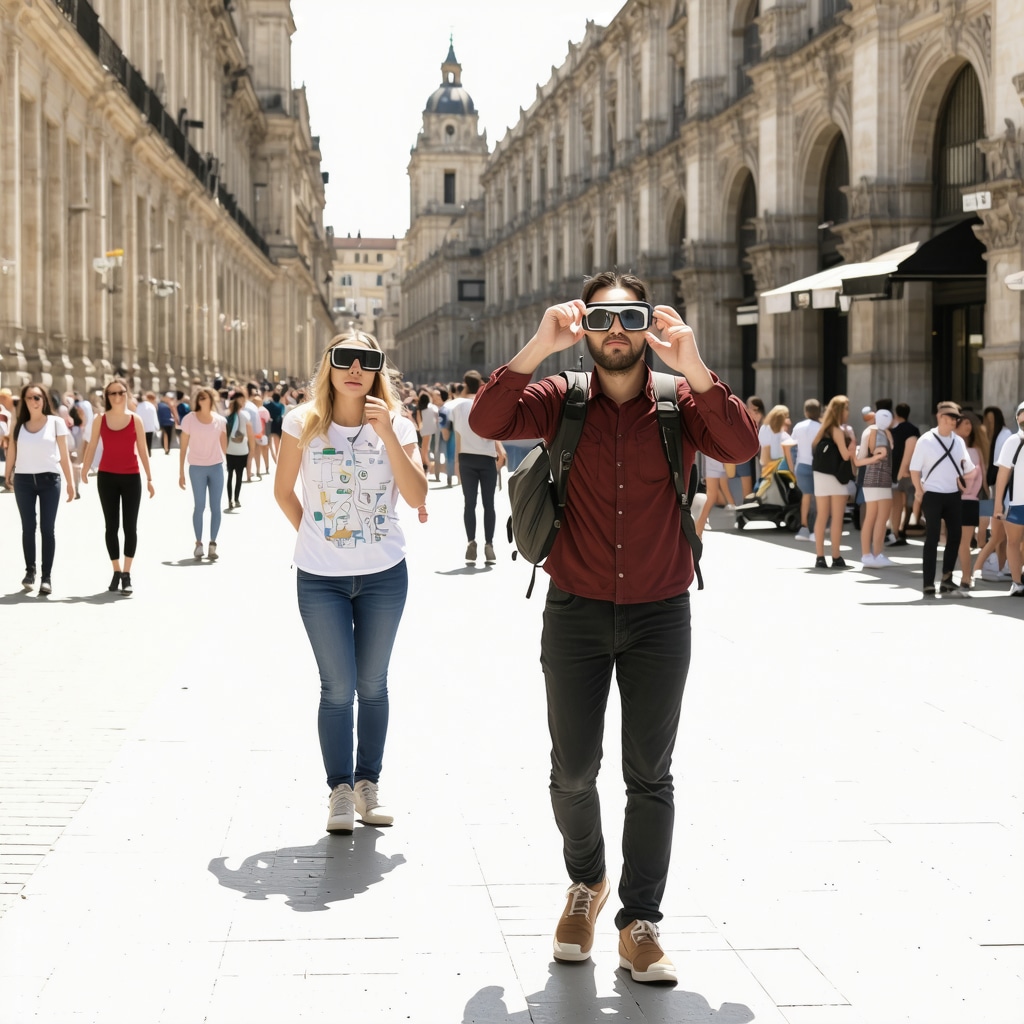 Tourists in Arad using augmented reality glasses to explore historic baroque buildings with digital overlays