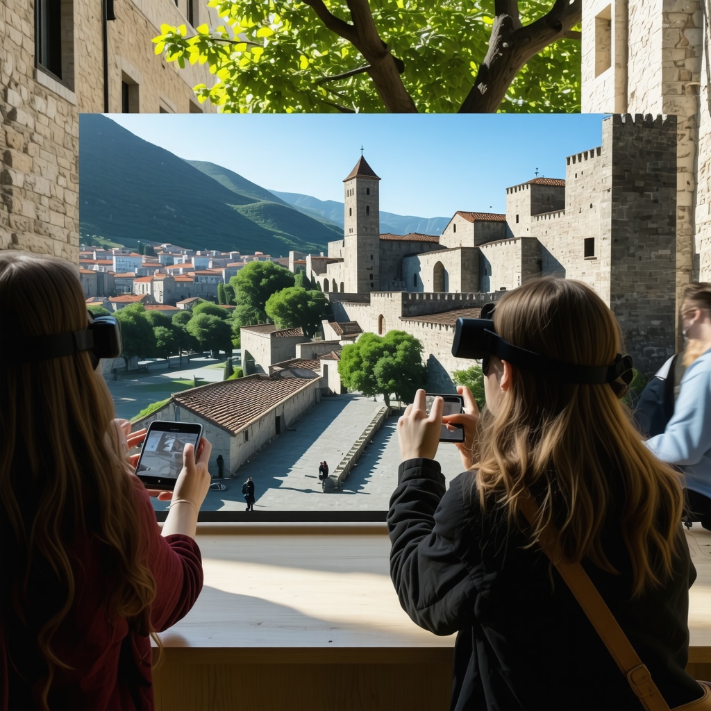 Tourists engaging with augmented reality technology displaying historical visuals in Trebinje's cultural heritage sites