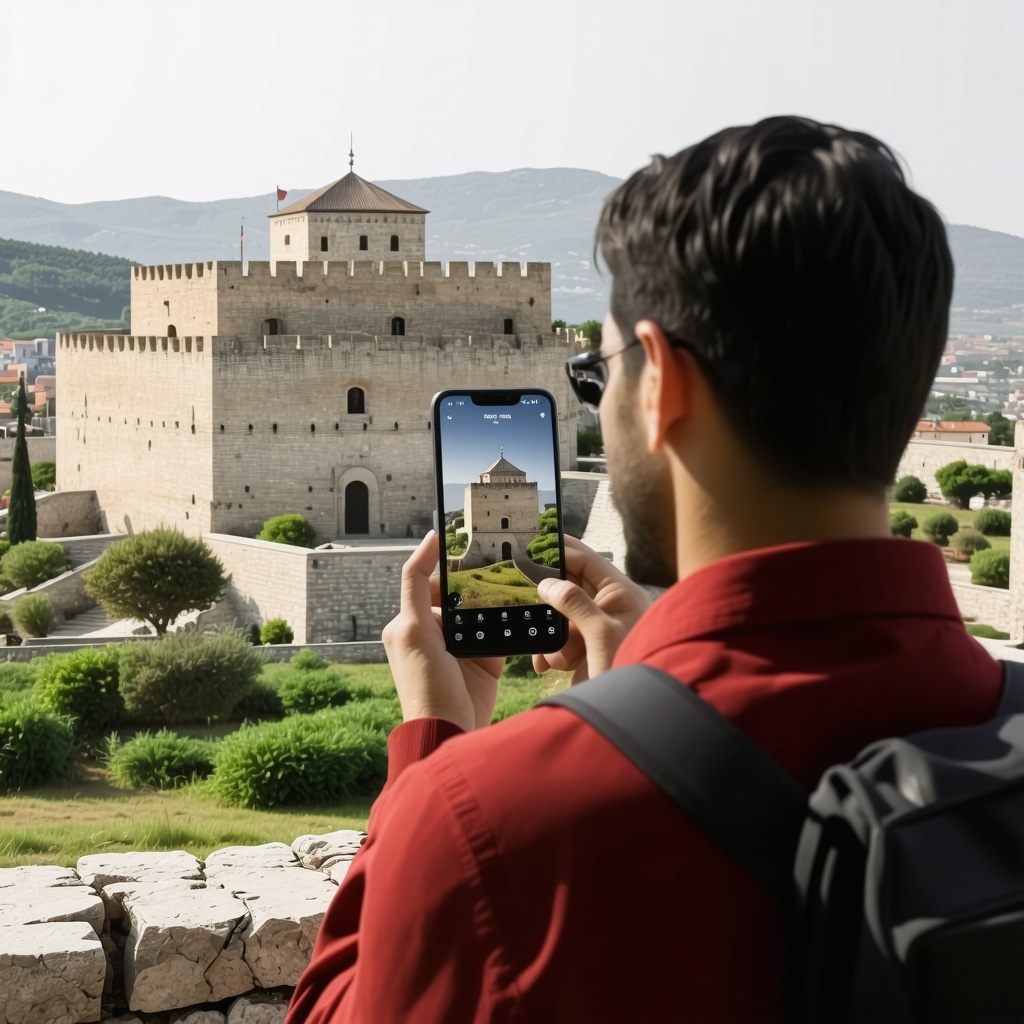 Tourist using augmented reality app to view historic Ottoman fortress in Trebinje