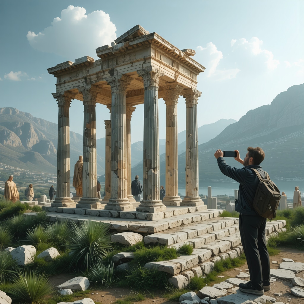 Interactive exhibit with augmented reality overlays on ancient Greek ruins in Mediterranean setting