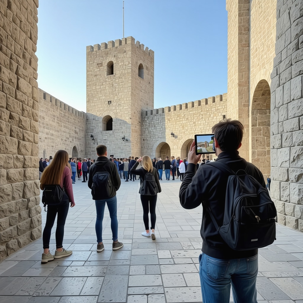 Tourists using augmented reality devices to explore Trebinje's historic castle with digital overlays