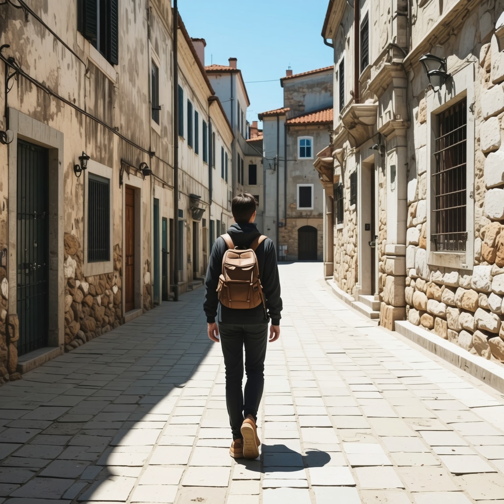 Tourist using augmented reality glasses to view Venetian architecture and Adriatic coast in Piran