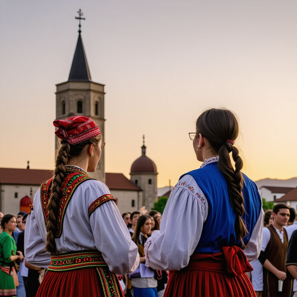 Colorful cultural festival in Banja Luka with traditional and modern art against historic buildings
