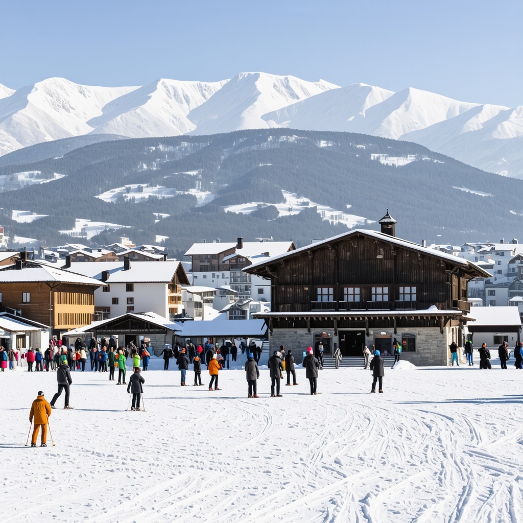 Snow-covered Pirin mountains with skiers and historic buildings in Bansko