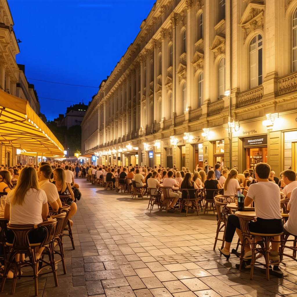 Bucharest night scene with historic buildings and lively nightlife crowd