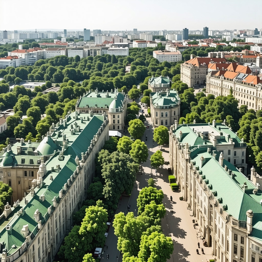 Aerial photo of Bucharest city featuring green rooftops, parks, and historic buildings