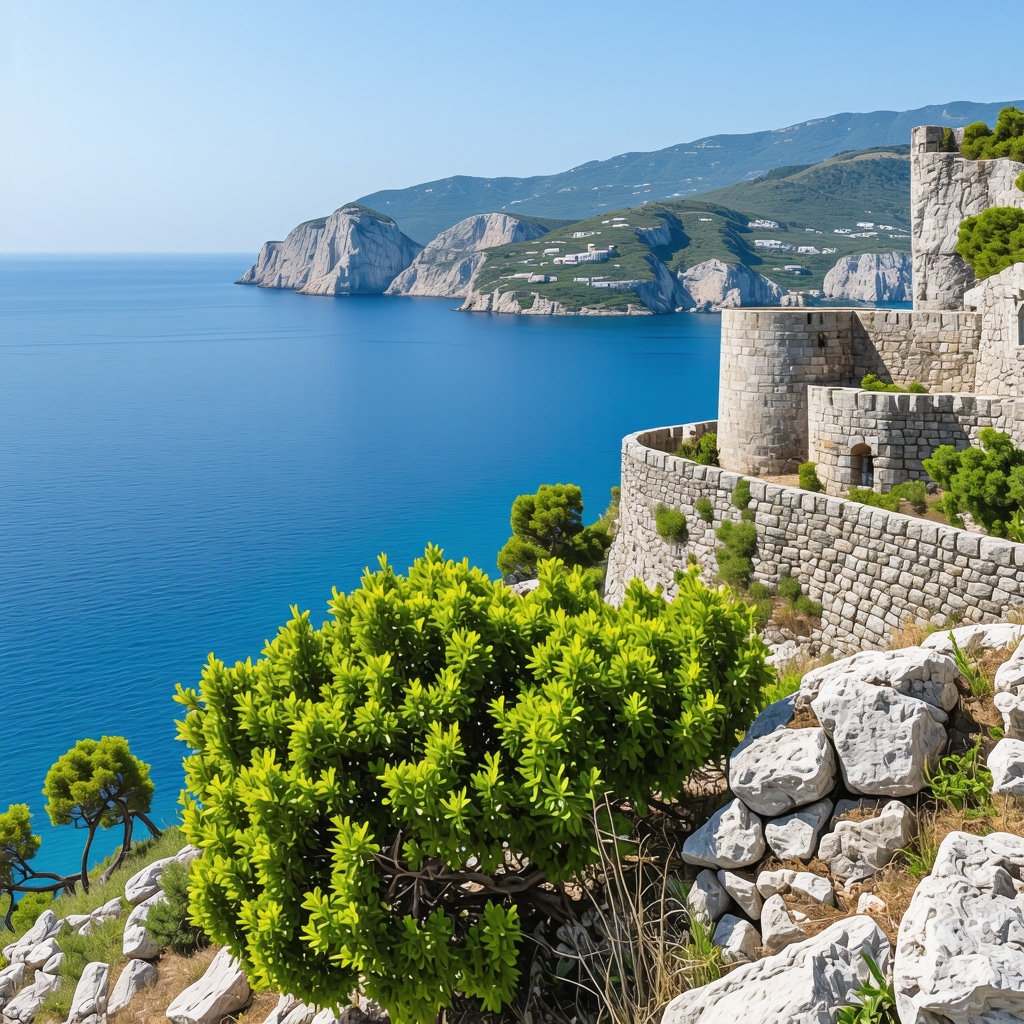 Panoramic view of Budva coastline showcasing sustainable tourism, Adriatic sea, and historic Venetian fortress