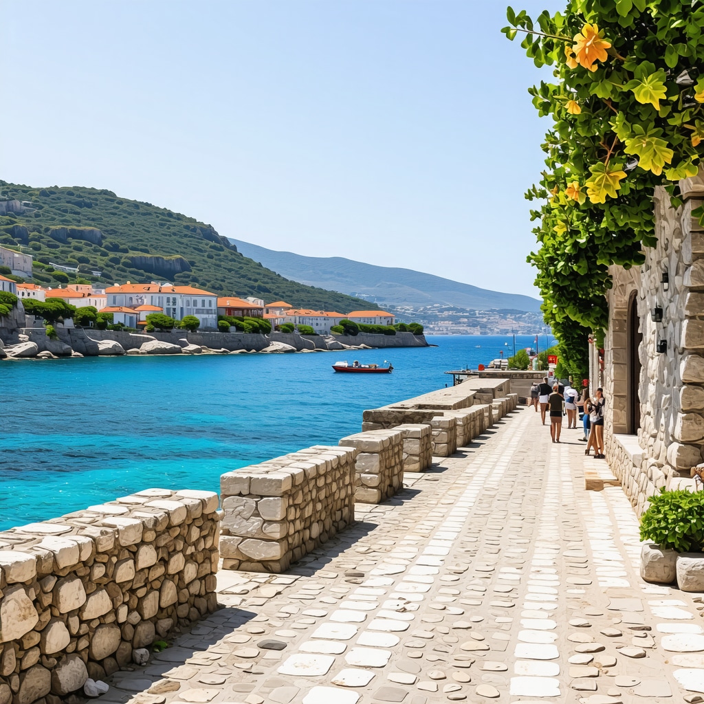 Panoramic image of Budva old town featuring digital augmented reality elements illustrating cultural tours and sustainable tourism