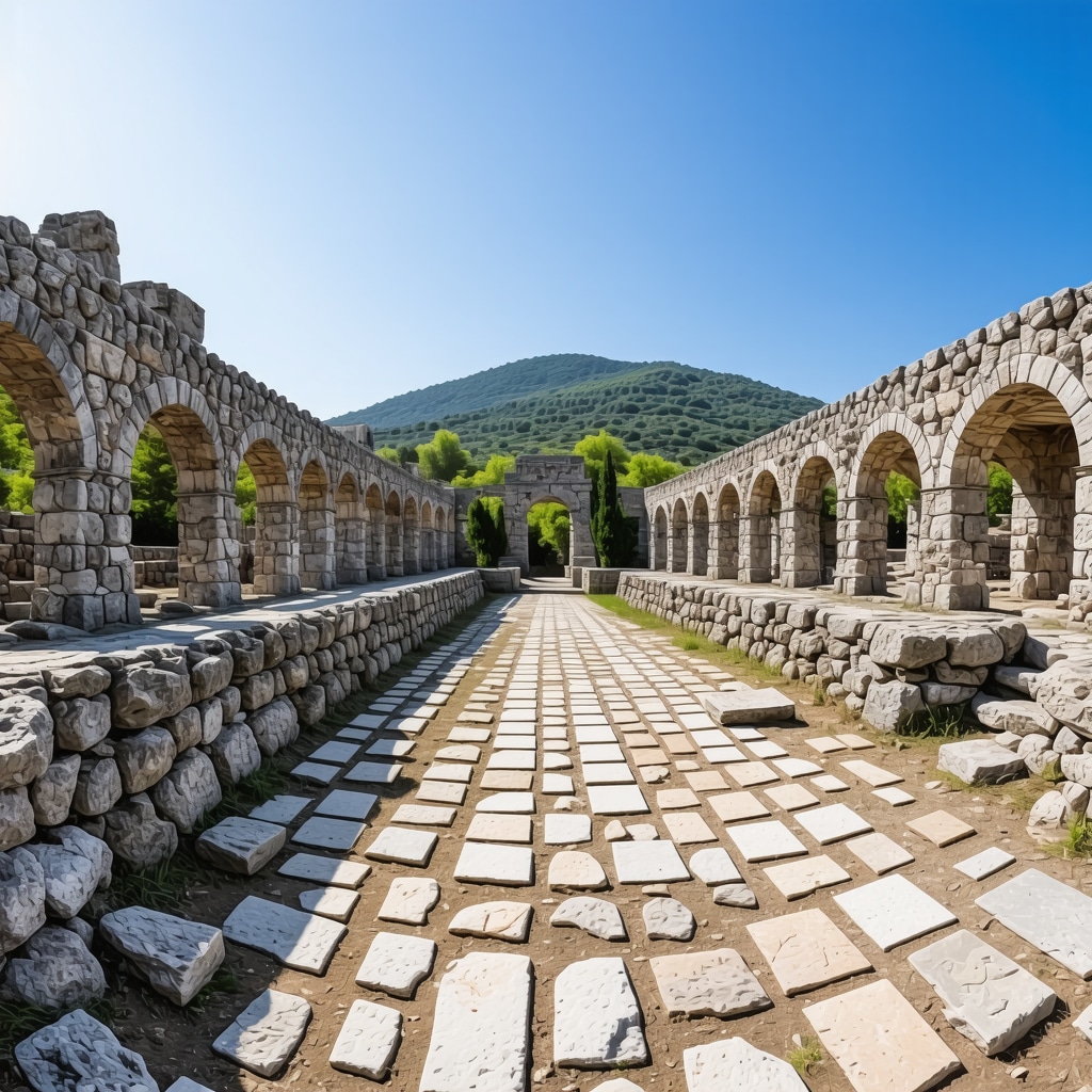 Panoramic view of Butrint archaeological site integrated with virtual reality overlays in natural environment