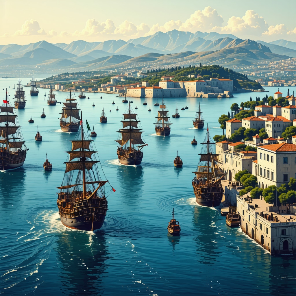 Digital illustration depicting Çanakkale's Dardanelles Strait with historical and modern ships and cultural motifs