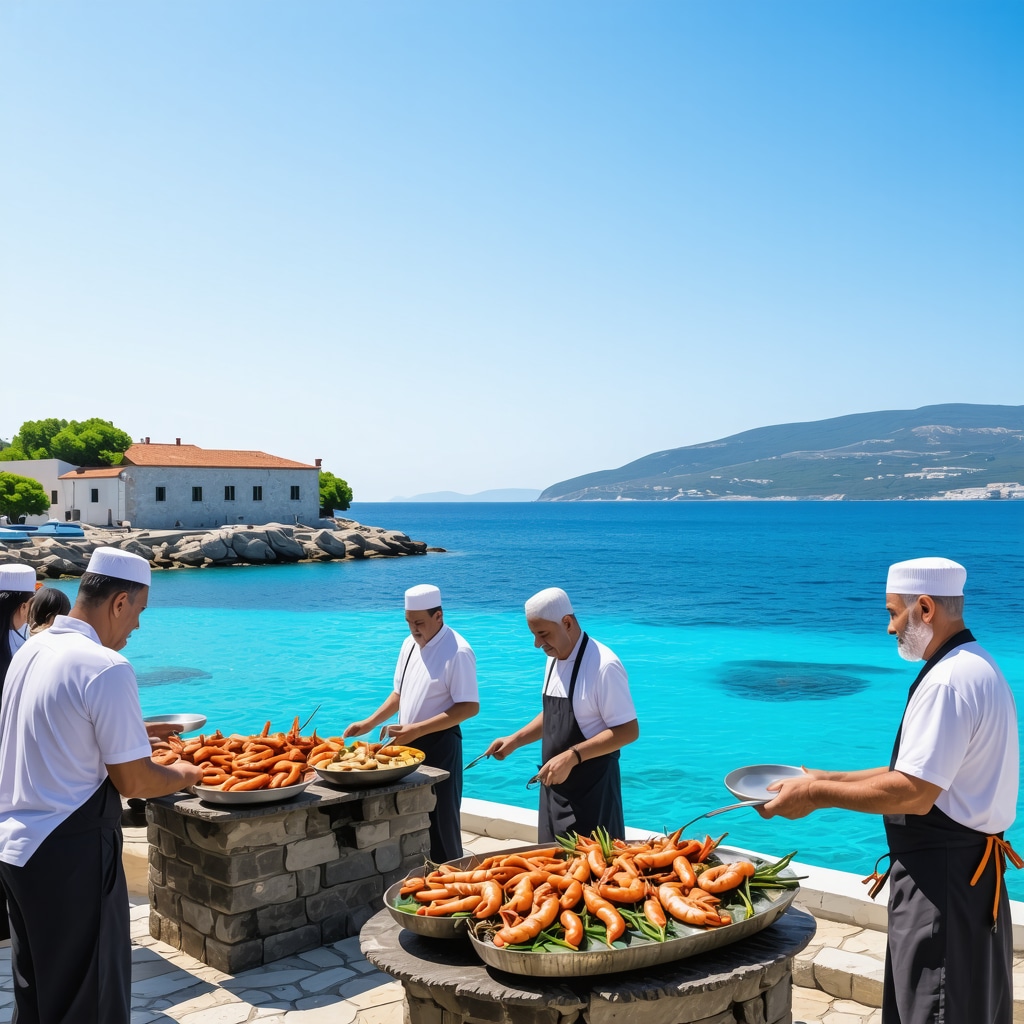 Scenic view of Ksamil coastal village with turquoise waters and locals preparing fresh seafood outdoors
