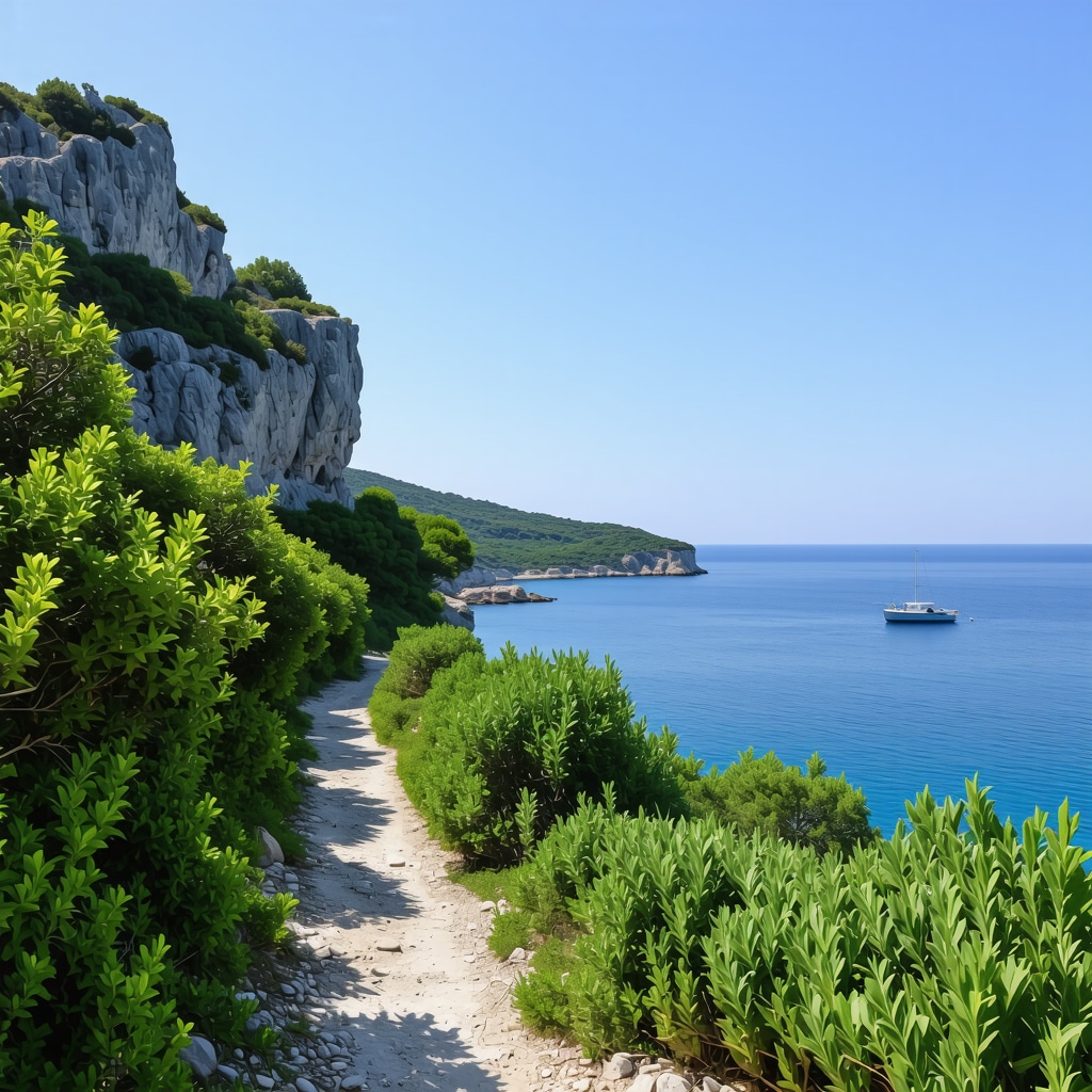Scenic coastal hiking trail with green vegetation and Adriatic Sea view on Lastovo Island, Croatia