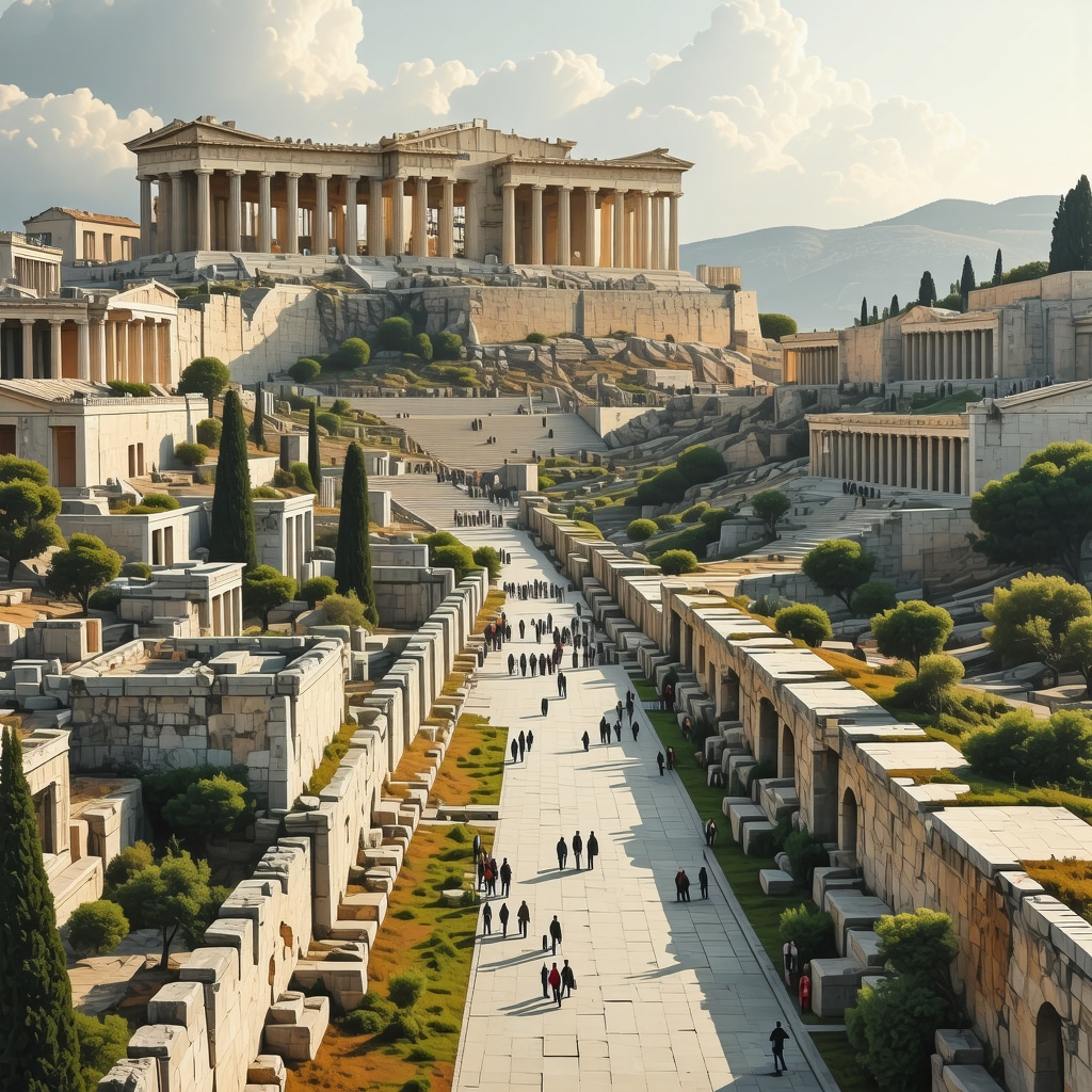 Composite image illustrating ancient Acropolis architecture and modern urban agora in Athens