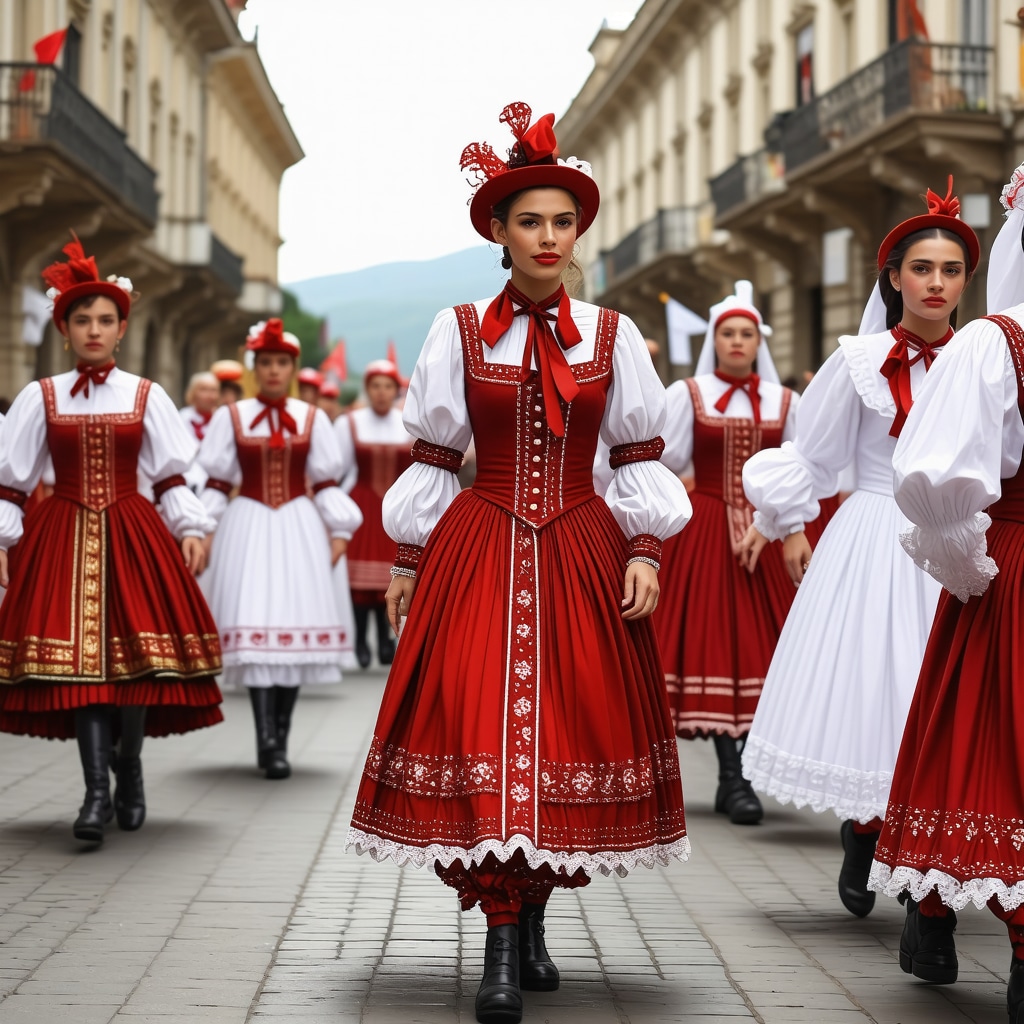 Street festival in Sarajevo with people in traditional costumes, historic buildings, and digital interactive displays