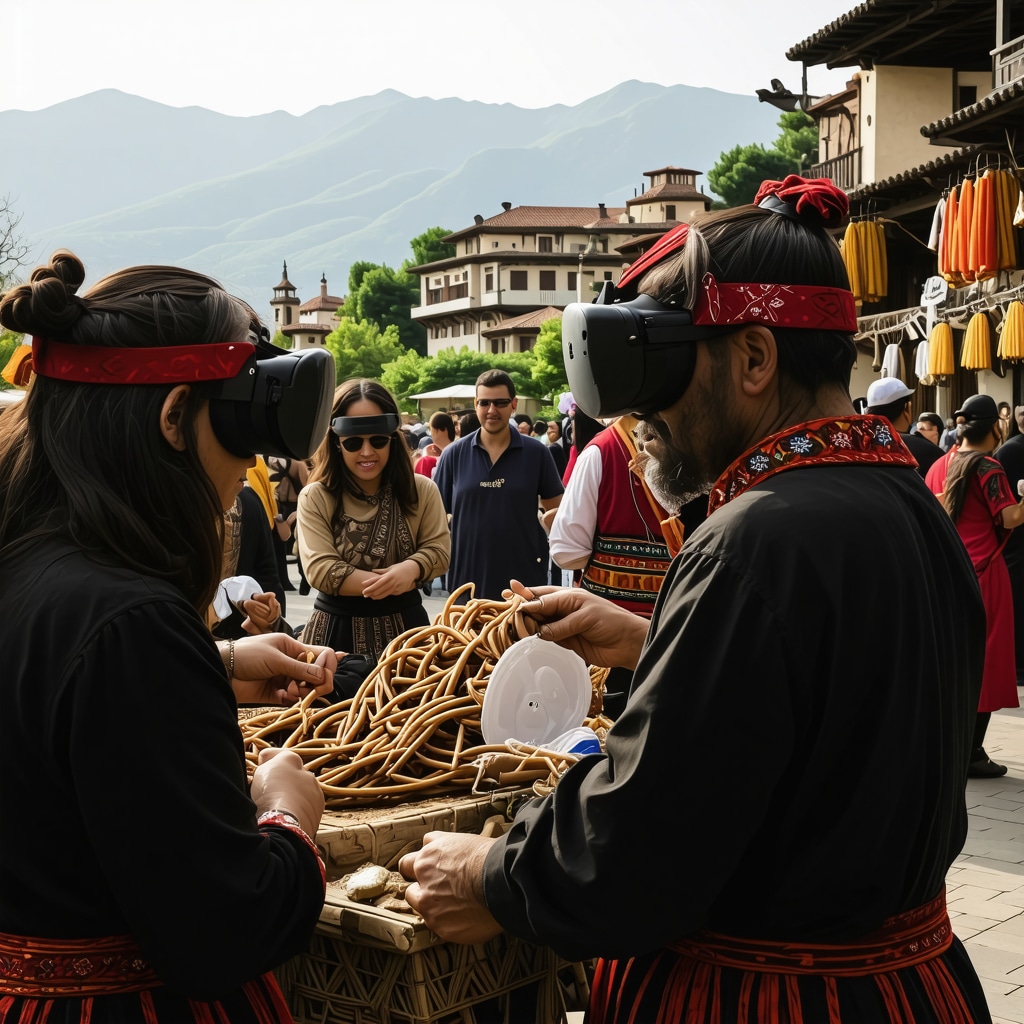Festival in Bursa with traditional Ottoman architecture, artisans, and VR heritage technology against Uludere mountains