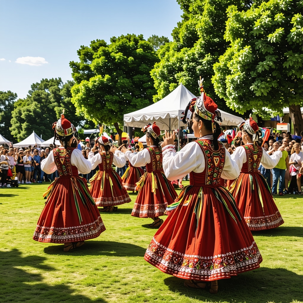 Traditional Bulgarian dancers performing at a cultural festival in Burgas Park Morski with modern stage and audience