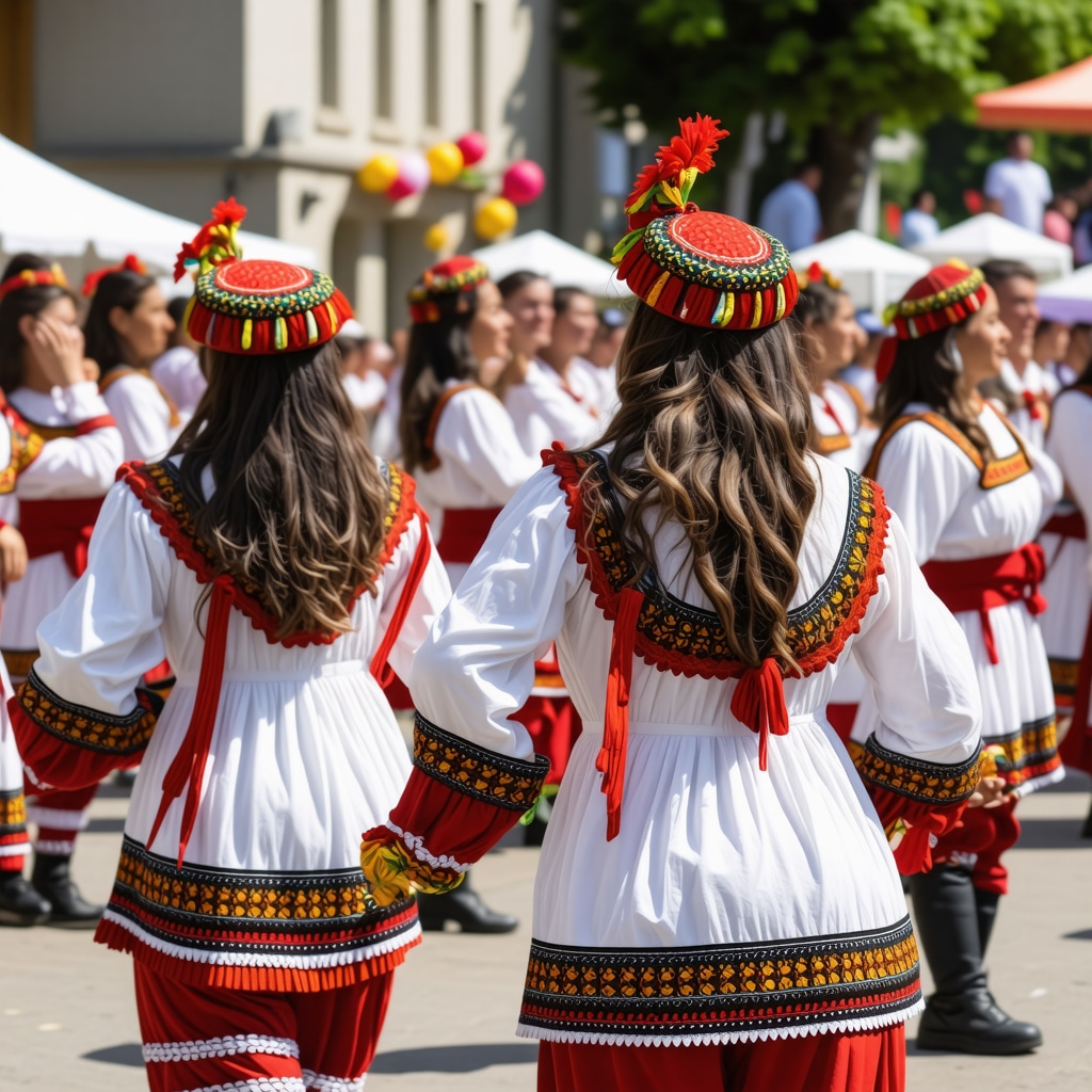 Locals in traditional clothing dancing at a vibrant cultural festival in Gostivar