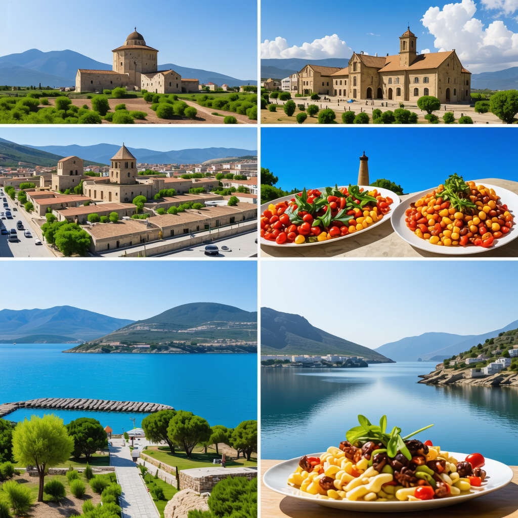 Collage of cultural heritage sites, digital tourism apps, and traditional Albanian food in Vlorë