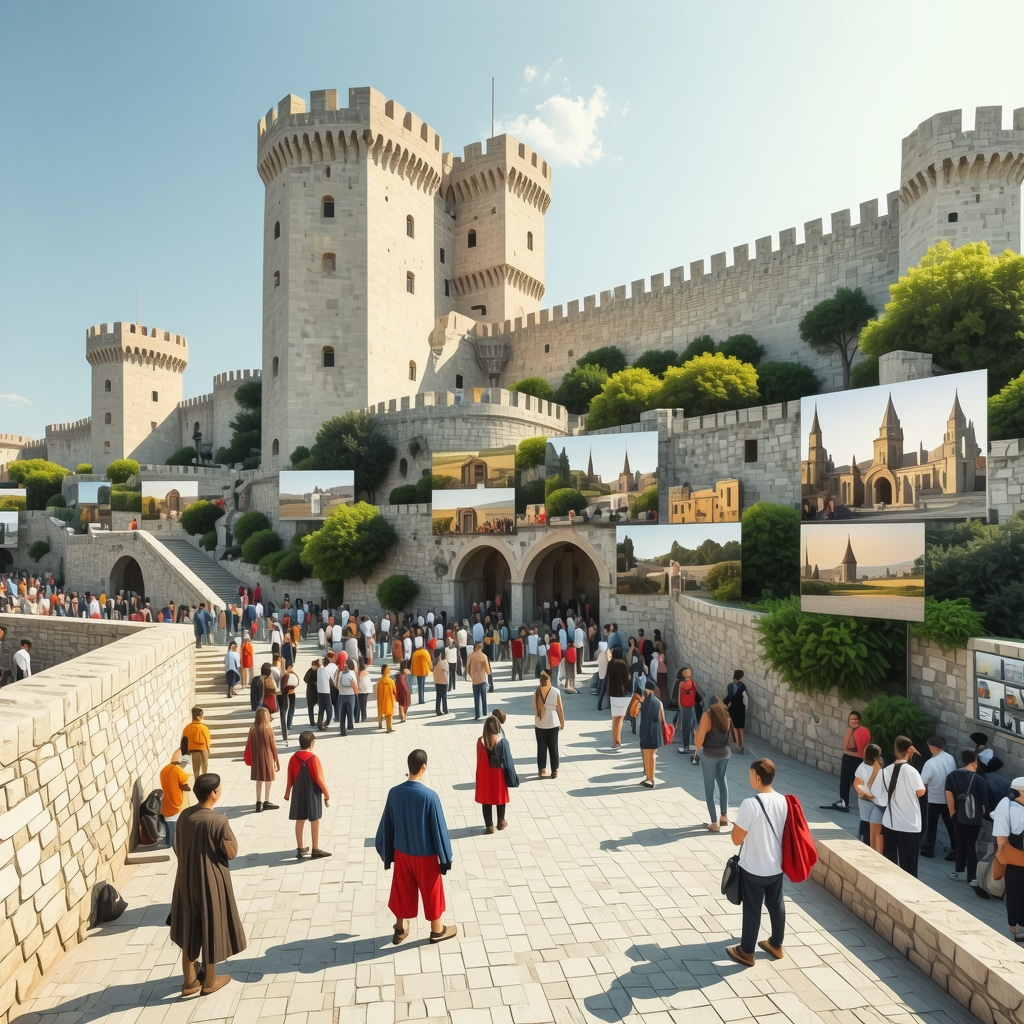 Digital augmented reality visualization of Durrës castle showing historical layers and tourists using virtual guides