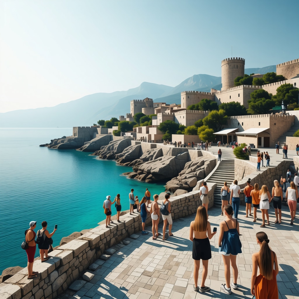 Tourists using augmented reality technology to explore Nafplio's historic beaches and fortresses