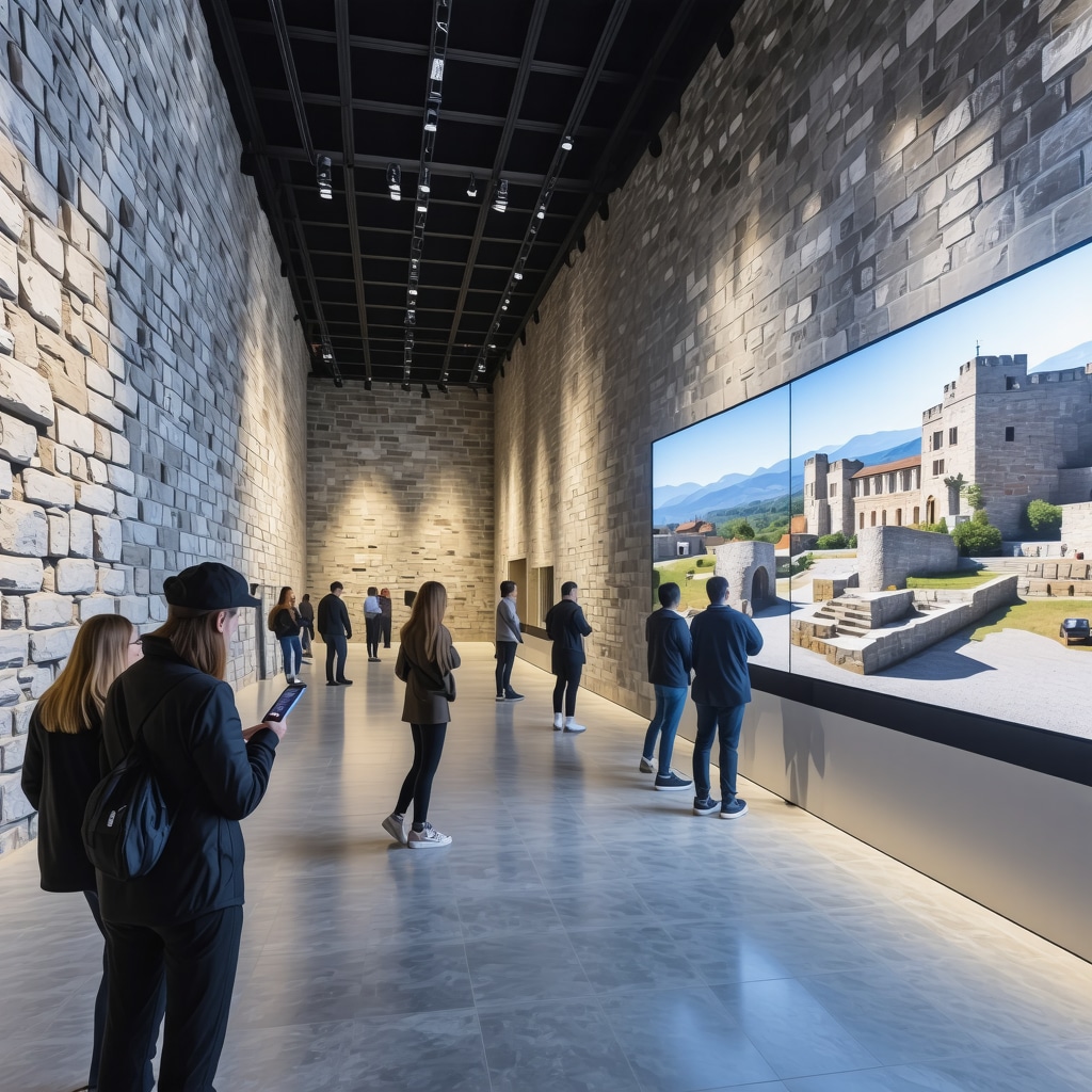 Visitors exploring a digital 3D historical reconstruction inside Smedereva Fortress using mobile devices