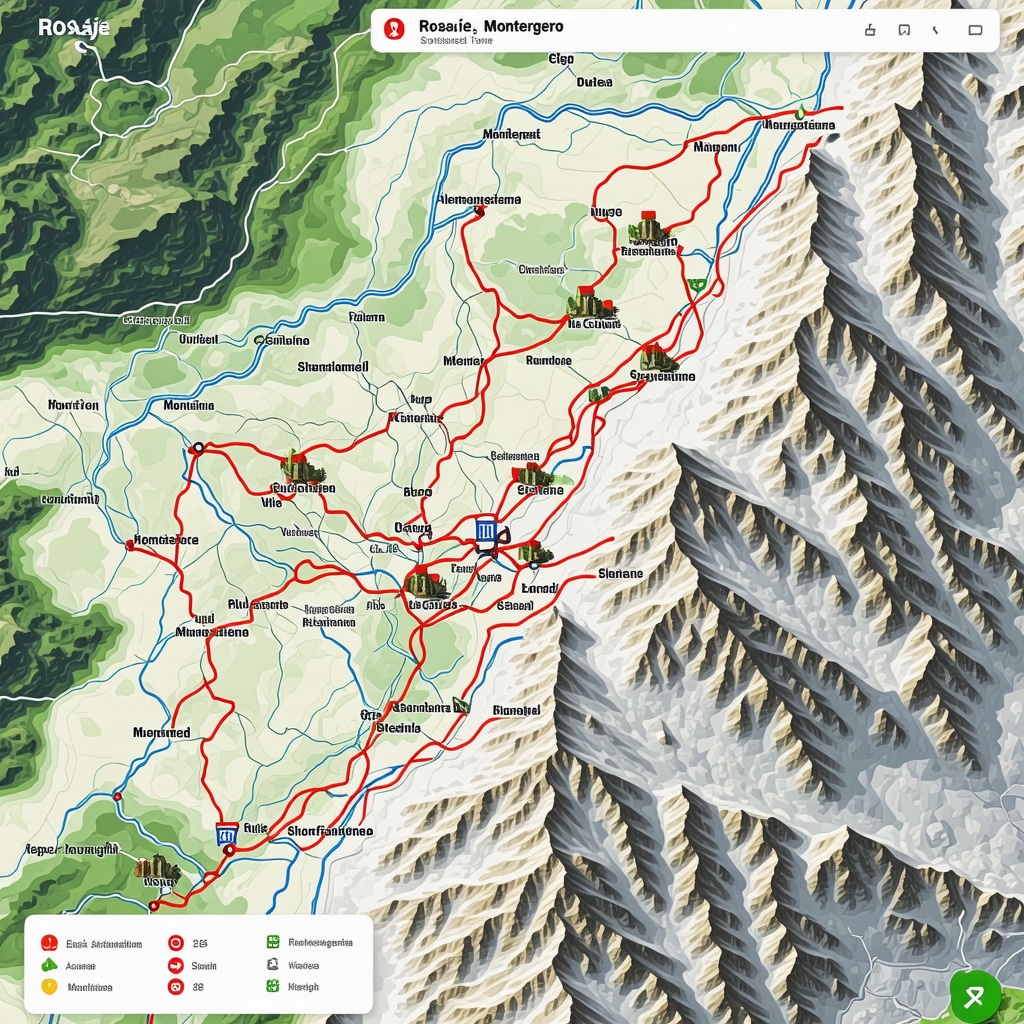 Interactive digital map highlighting hiking trails and cultural sites with smart technology icons in Rožaje, Montenegro