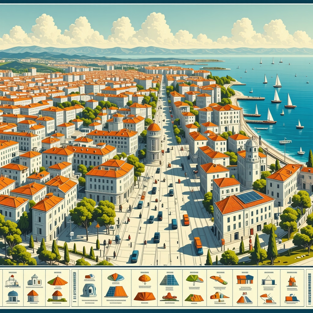 Digital map illustrating Thessaloniki's Byzantine and Ottoman heritage alongside sustainable infrastructure such as solar panels and bike lanes