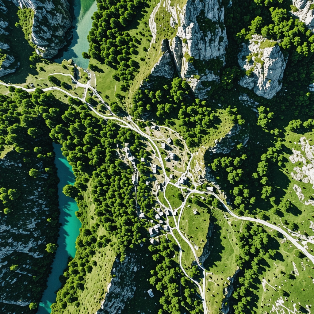 Aerial landscape of Vikos–Aoos National Park with graphical overlays illustrating sensor and drone technology for ecological monitoring