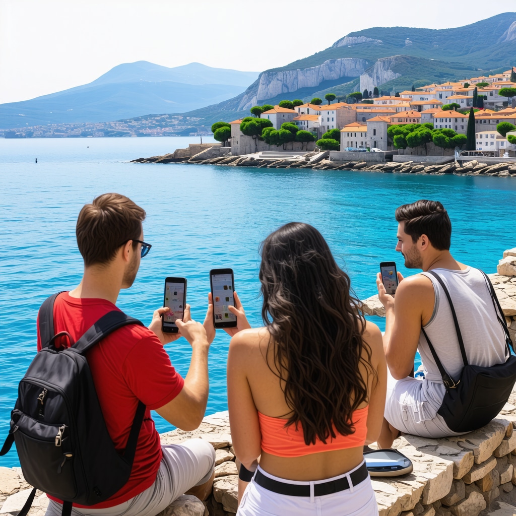 Tourists using mobile app for exploring Budva's attractions with Adriatic Sea and old town in background