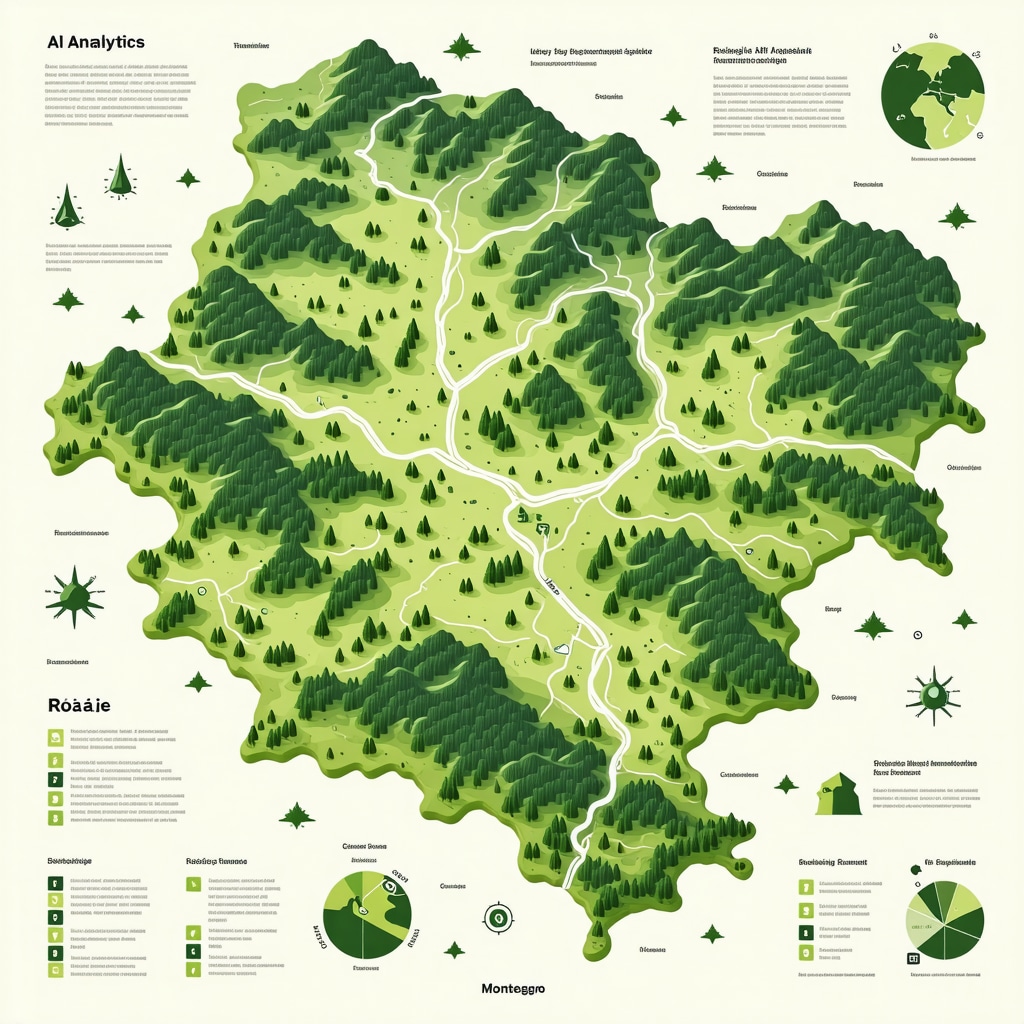 Infographic digital map highlighting ecological zones, cultural heritage, AI analytics, AR/VR use, and community participation in Rožaje tourism