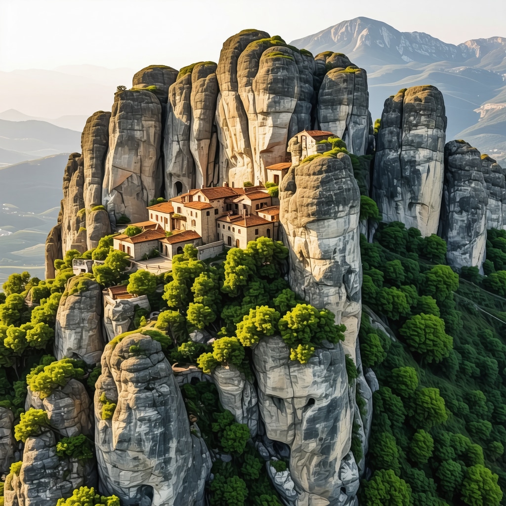Drone view showing 3D mapping technology applied to Meteora's rock formations and Byzantine monasteries at sunset