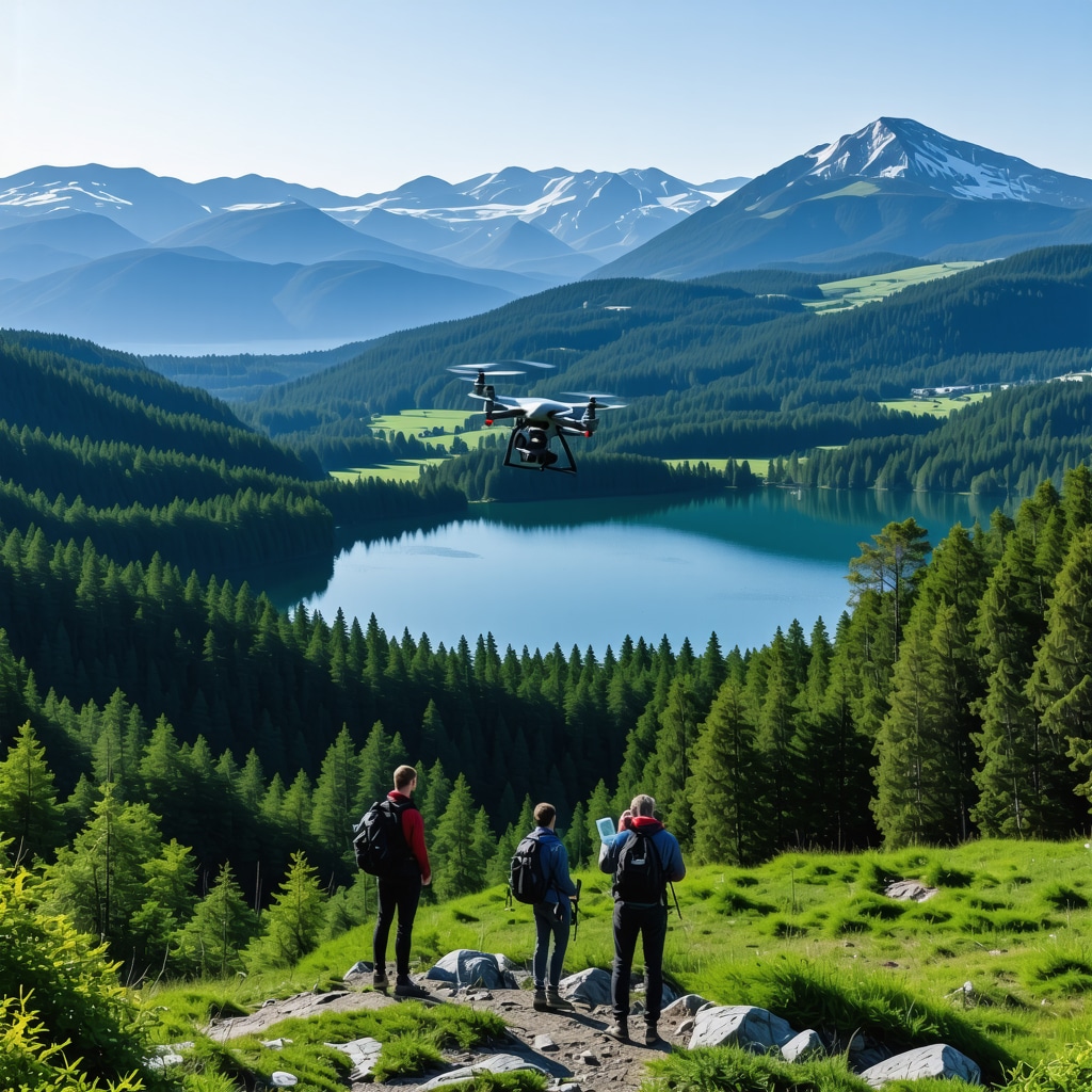 Drone monitoring biodiversity over Bohinj alpine forest and lake with hikers using mobile app for sustainable tourism