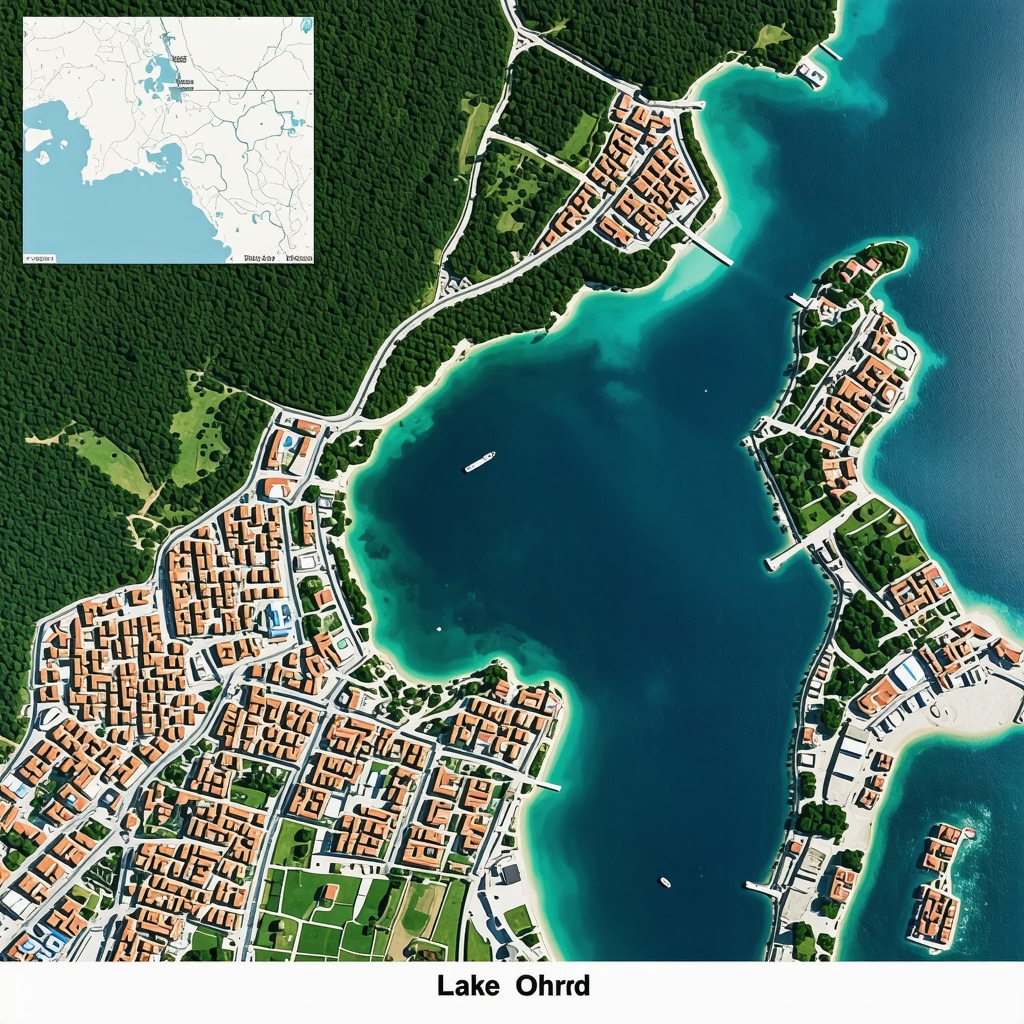 Aerial shot of Lake Ohrid with digital overlays representing environmental data and drone monitoring