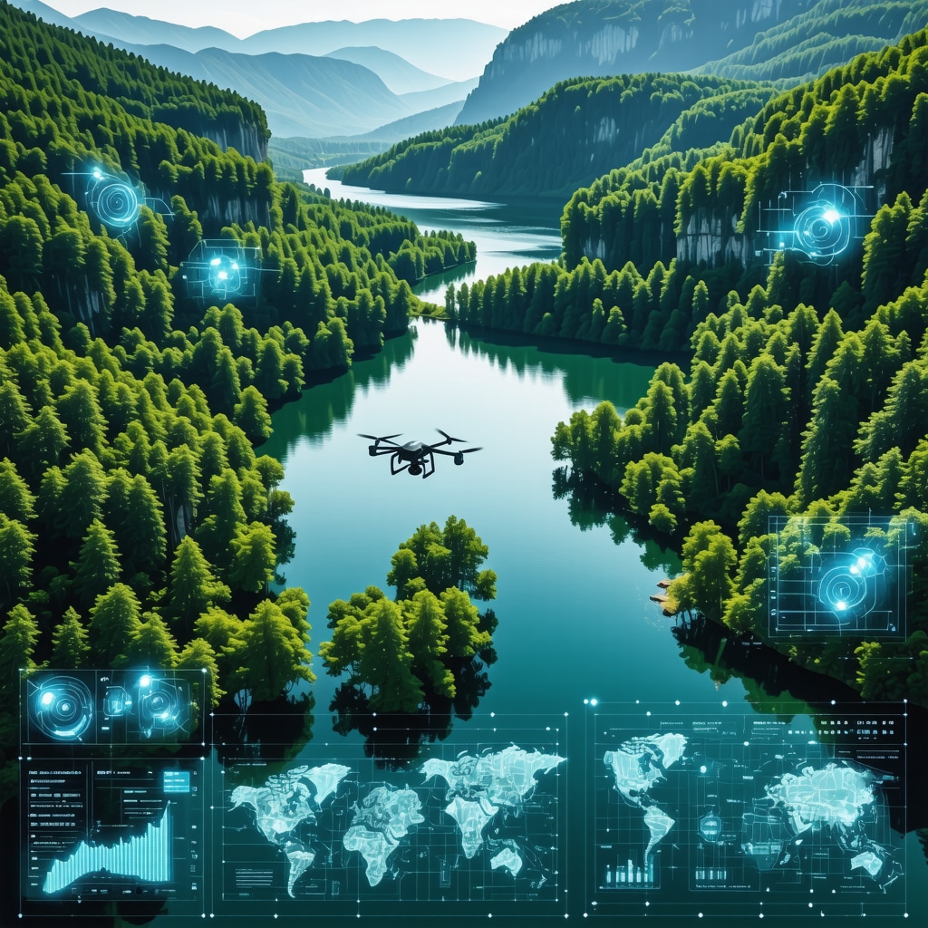 Aerial shot of Plitvice Lakes with drones collecting ecological data and digital AI analysis overlays