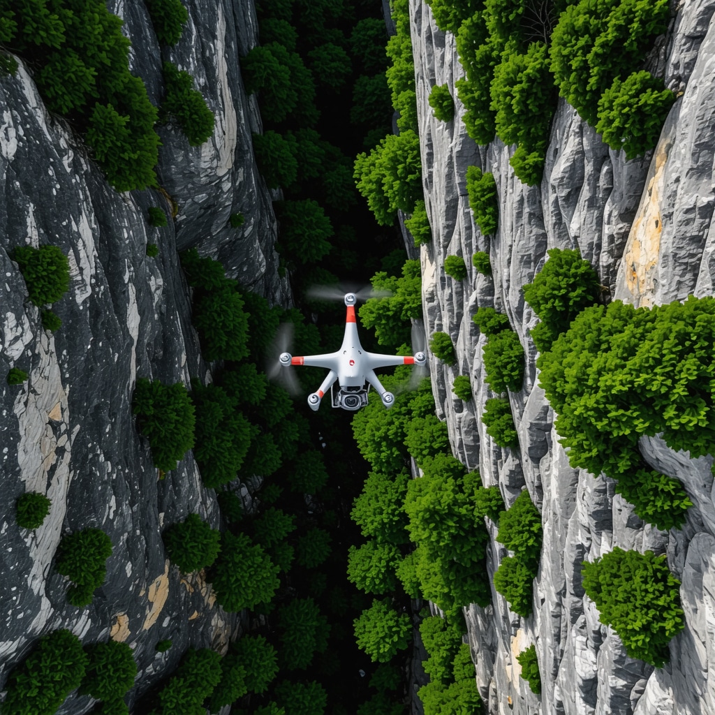 High-tech drones flying over Kanioni i Matkës capturing environmental data with digital ecological overlays