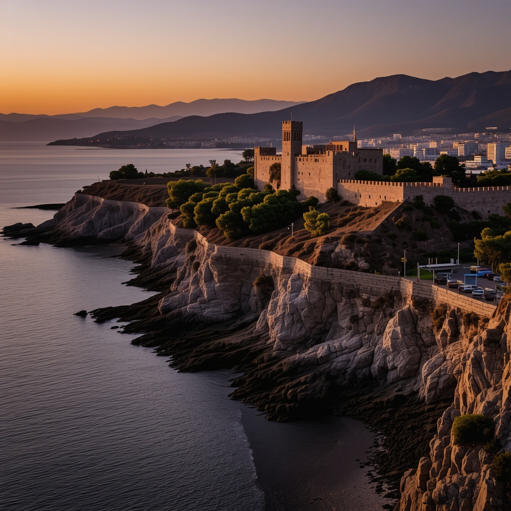 Panoramic view of Durrës coastline featuring the historic castle and modern beach resorts during sunset