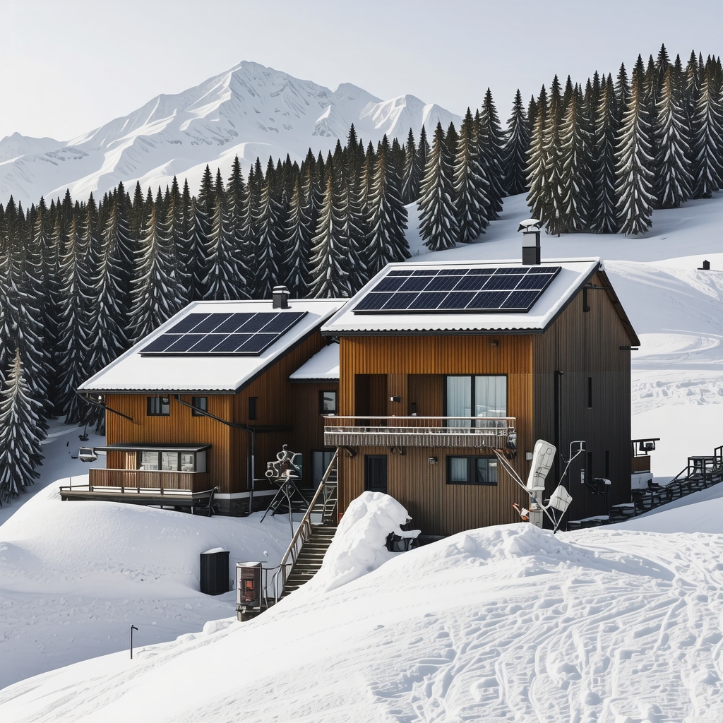 Modern alpine village in winter with solar panels and eco-friendly ski lifts surrounded by pine forests