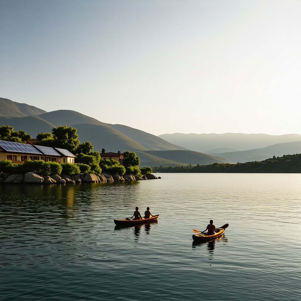 Panoramic view of Lake Ohrid with solar panels, electric kayaks, and surrounding mountains at sunset
