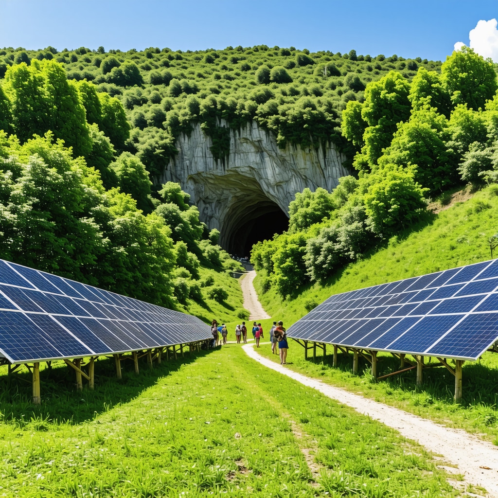 Green landscape of Ljubuški with Vjetrenica cave entrance, solar panels, and eco-tourism activities