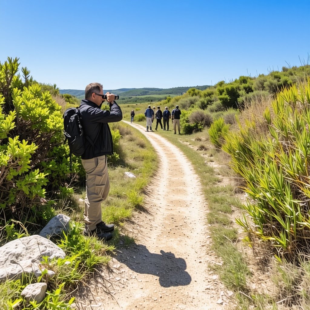 Group of eco-tourists hiking and birdwatching in Dadia National Park, Kırklareli