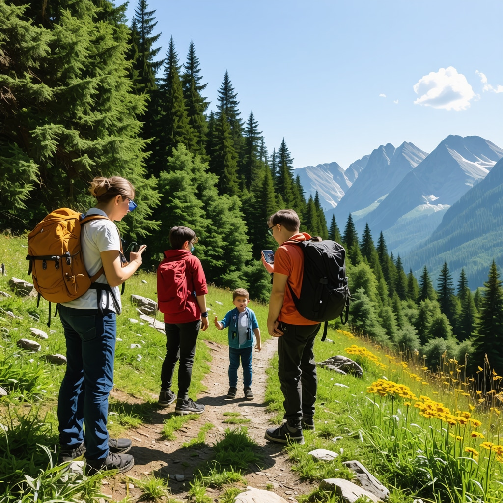 Family using augmented reality devices on a hiking trail in Durmitor National Park surrounded by pine trees and mountains