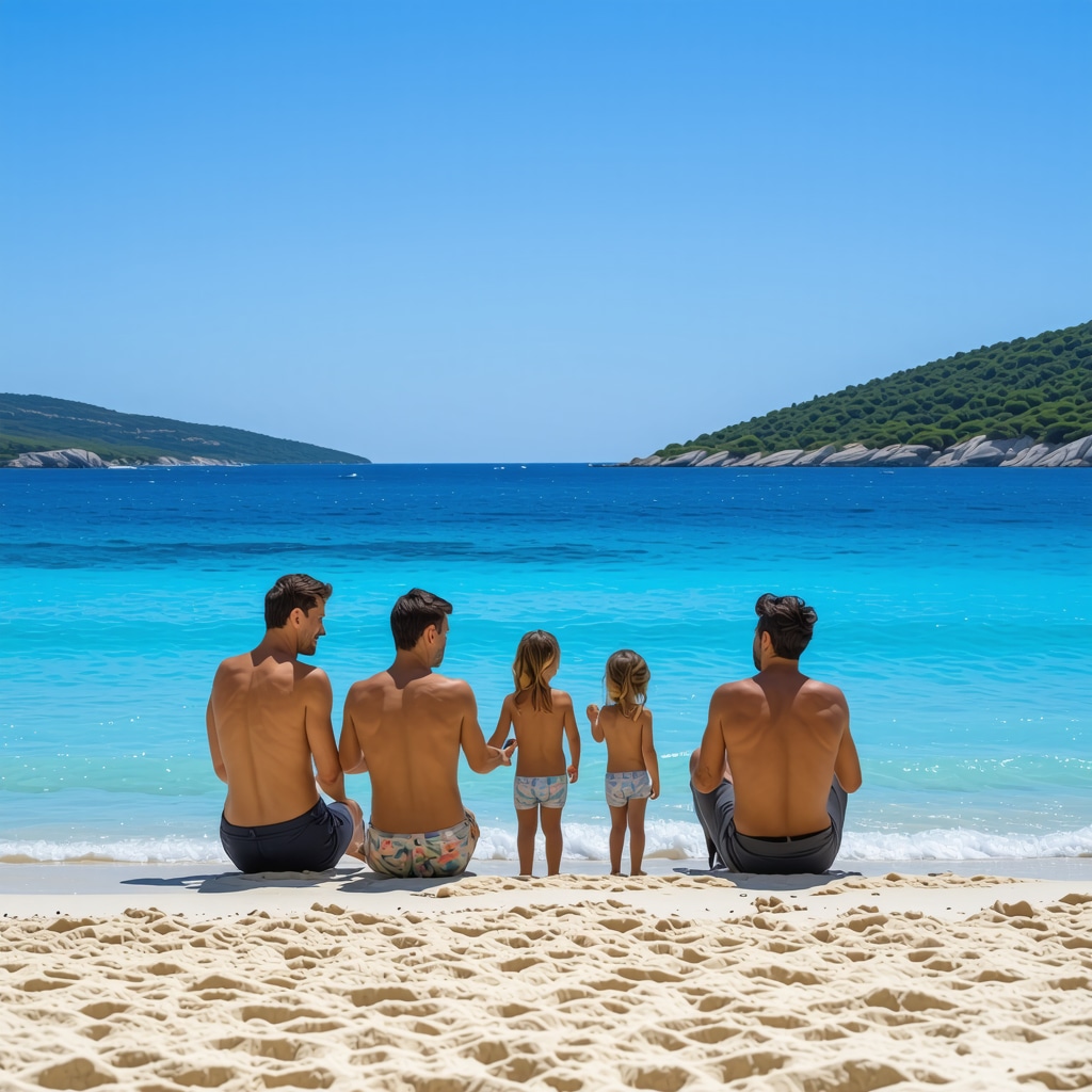 Family on Ksamil beach practicing eco-friendly tourism surrounded by clear waters and nature
