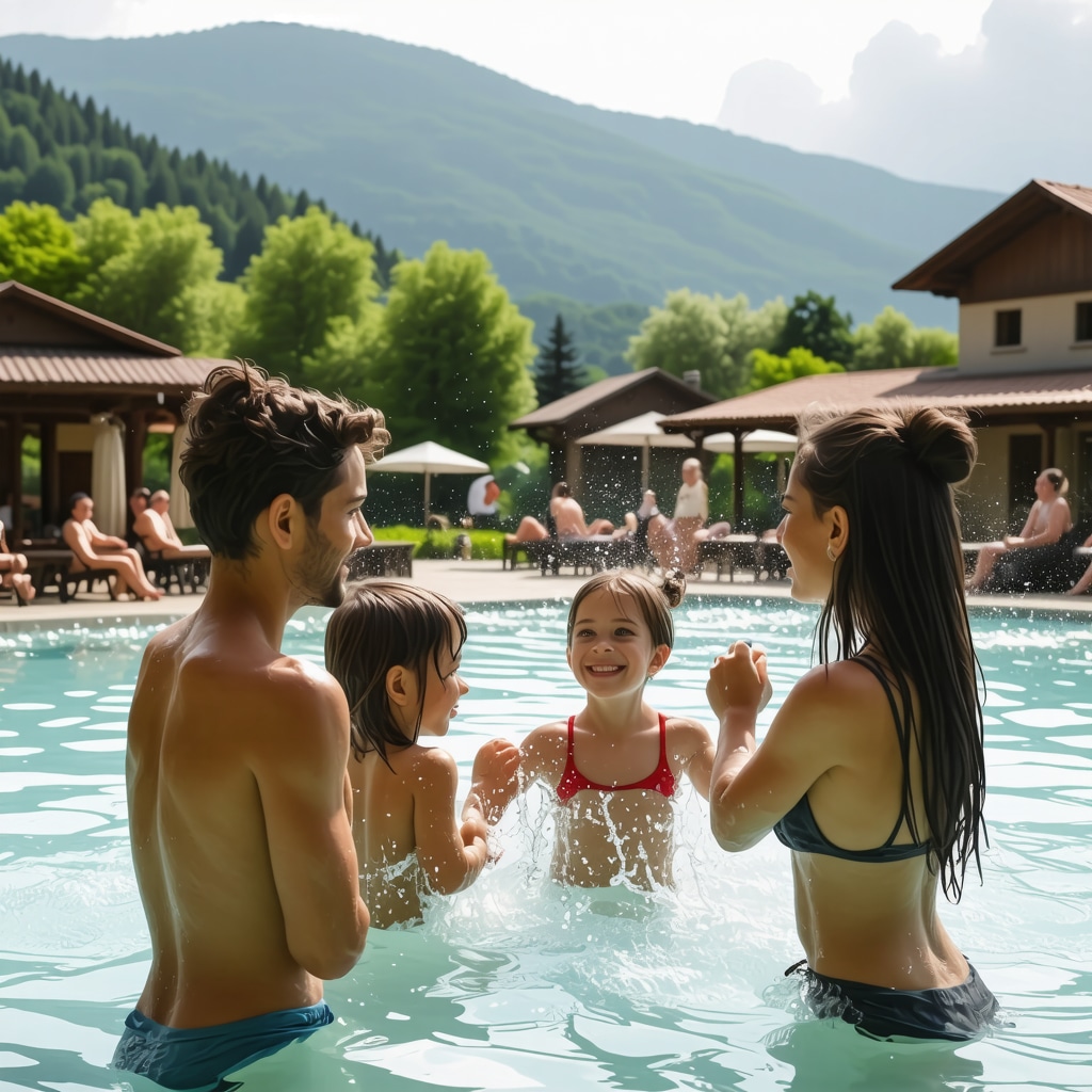 Family in thermal spa pools with AR exhibits and mountain backdrop in Vrnjačka Banja