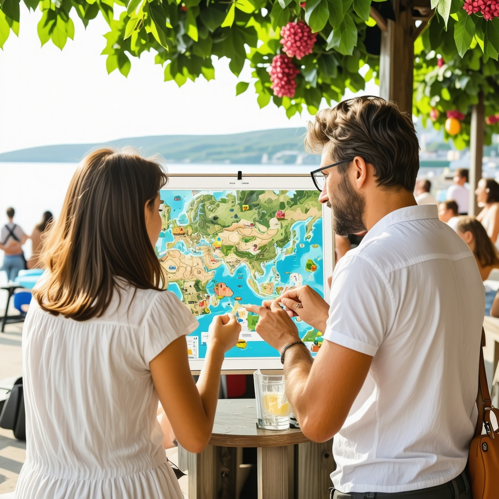 Family using smart digital map at Adriatic coast tourist center in Vodice, Croatia